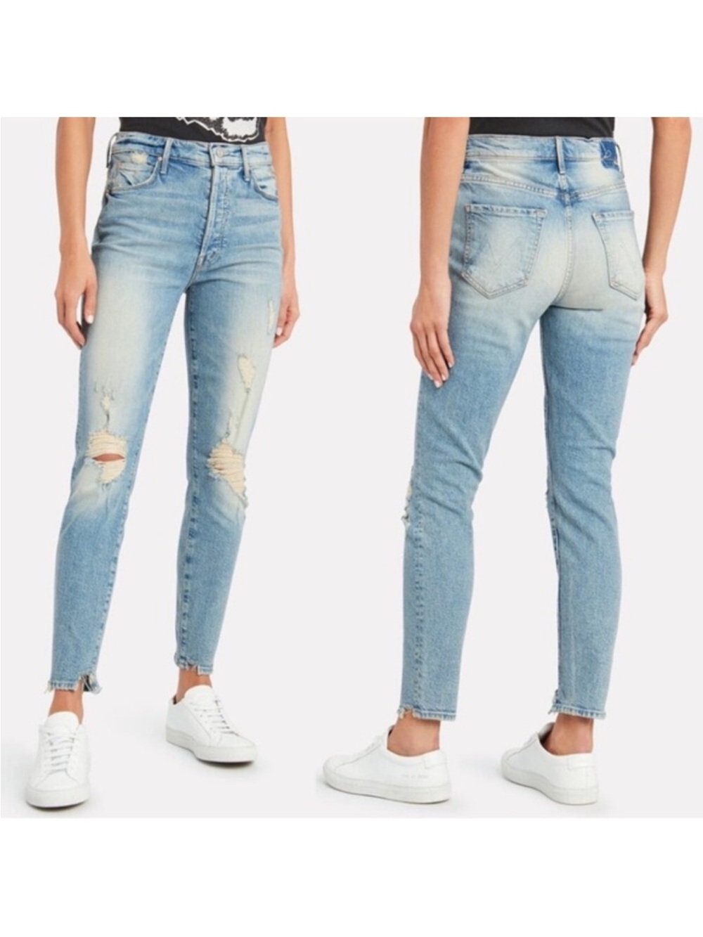 MOTHER Light Blue Distressed High-Rise Cropped Skinny Jeans